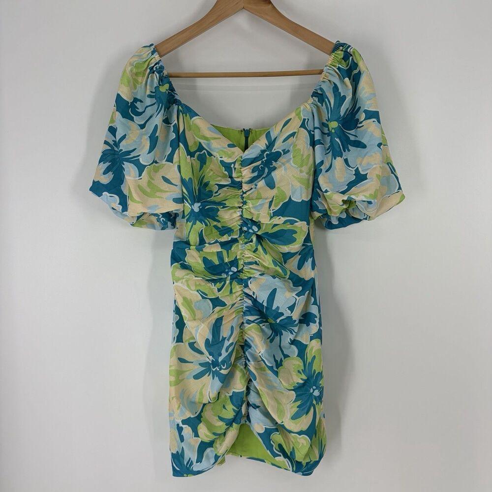 Seven Wonders Dress Size 2 Green Teal Ashlyn Floral Print Puff Sleeve Mini Party